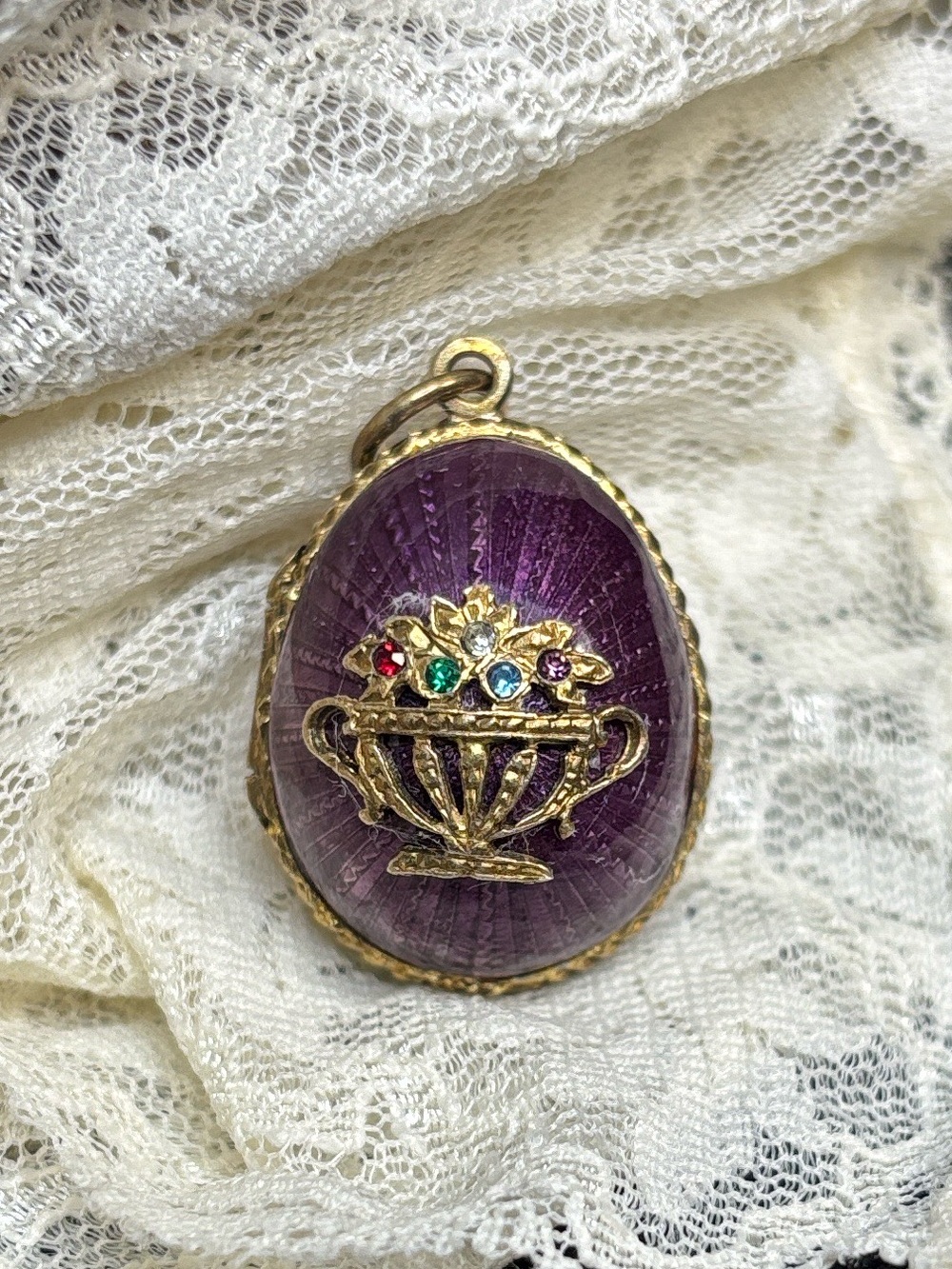 Purple Egg pendant locket Enamel Gold Accent Guilloche flower bouquet